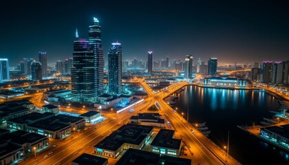 Obraz premium Vibrant cityscape at night illuminated by bright lights