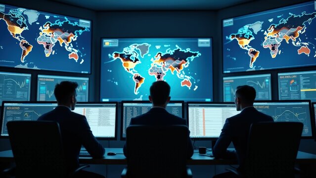 Global threat monitoring team analyzing world maps and data projections on multiple monitors