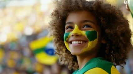 Happy young girl football fan celebrating her team victory. Latino woman with Brazil flag laughing and smiling. Celebration of Independence Day, Labor Day, Proclamation of the Republic