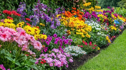Fototapeta premium A colorful flower bed filled with a variety of blooms, creating a vibrant garden display