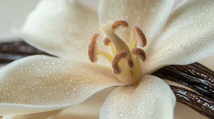 A detailed macro shot of a vanilla flower, highlighting its intricate details and textures