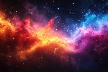 Obraz premium Vibrant nebula with swirling clouds of gas and dust in shades of red, orange, blue, and purple, against a backdrop of twinkling stars.