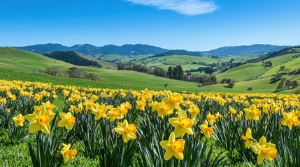 Fototapeta premium A field of bright yellow daffodils under a clear blue sky, with rolling green hills in the background