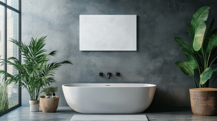 Modern bathroom with a mockup canvas above the sink