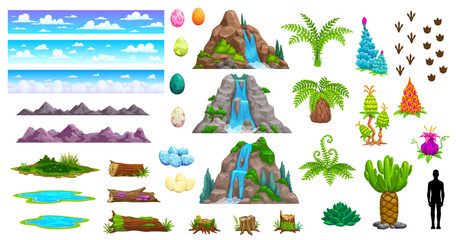Jungle, landscape and prehistoric dinosaur era environment game asset. Cartoon vector mountains, waterfalls, clouds and pools, plants, ferns, dinosaur footprints, colorful eggs and human silhouette © Vector Tradition
