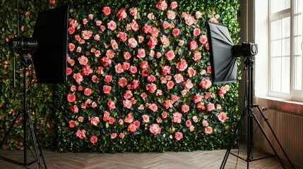 A photo booth setup with a flower wall as the backdrop for capturing memories
