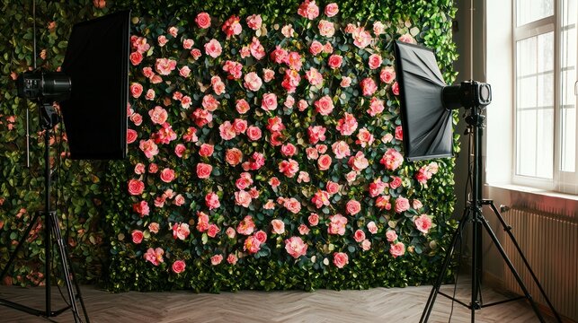 A photo booth setup with a flower wall as the backdrop for capturing memories