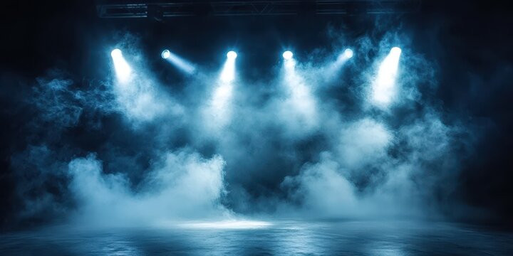 Empty Dark Stage with Spotlights and Fog Effects
