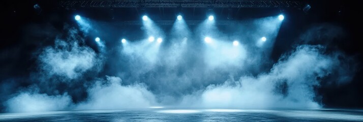 Empty Dark Stage with Spotlights and Fog Effects
