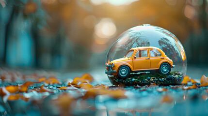 car protected under a glass dome bubble. Car insurance concept