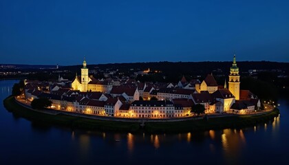 Fototapeta premium Glowing cityscape at dusk serene waters and architectural beauty