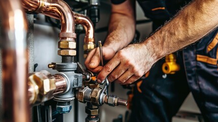 Plumber Working with Copper Pipes and Fittings