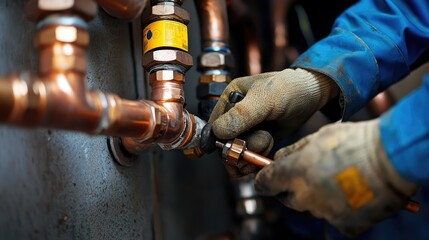 Skilled Plumber Working on Copper Pipe Installation