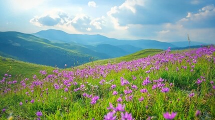 Fototapeta premium A scenic view of a hillside covered in wild purple flowers, celebrating nature's beauty