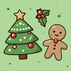 Charming Christmas Illustration: Tree, Gingerbread Man, Holly