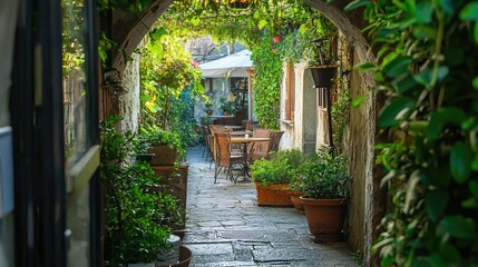 Fototapeta premium Cozy Cafe Passageway Surrounded by Greenery
