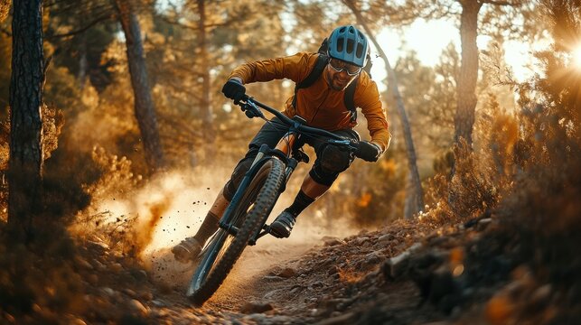 Man mountain biking on a challenging trail, 4K hyperrealistic photo Couple enjo