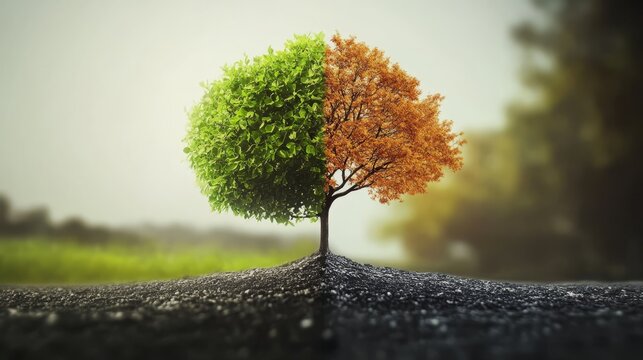 Dual Nature of Life: A surreal, half-autumn, half-spring tree symbolizes the contrasting aspects of existence, growth, and change.  A poignant image representing life's dualities. 