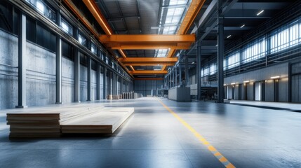 Fototapeta premium Empty warehouse interior with steel beams, orange crane, and wooden boards on the floor.