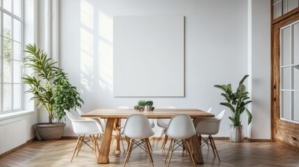 Minimalist dining room with a blank canvas on the wall