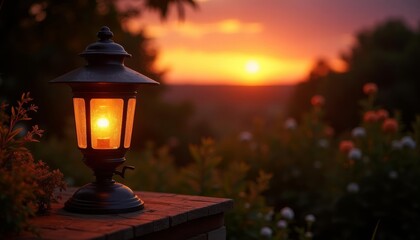  Glowing lantern at sunset serene garden ambiance