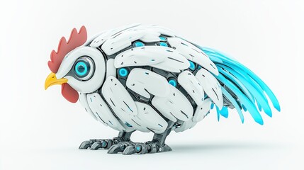 Futuristic Robot Rooster: Dynamic Landing Pose in Chrome with Blue LEDs