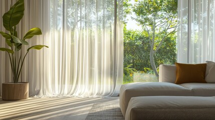 Fototapeta premium Cozy Modern Villa with Sheer Curtains by the Window