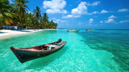 Obraz premium Tropical Beach with Clear Water and Wooden Boats