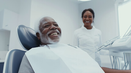 Obraz premium Senior man happily smiles during dental visit, promoting dental care concept