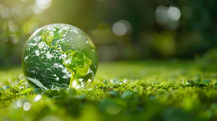 Green World The Significance of a Green Globe with Continents on blurred Natural Background. Happy earth day concept