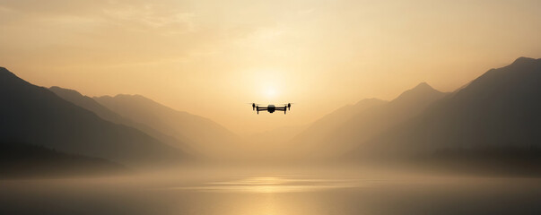 Obraz premium Silhouette of a drone flying over a misty lake and mountains at sunrise, creating a serene and beautiful landscape