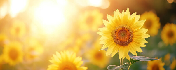 Golden hour sunflower blooming in agricultural field, showcasing nature's vibrant beauty