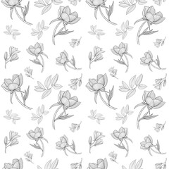 Seamless pattern of peony flowers in line art style, digital painting.