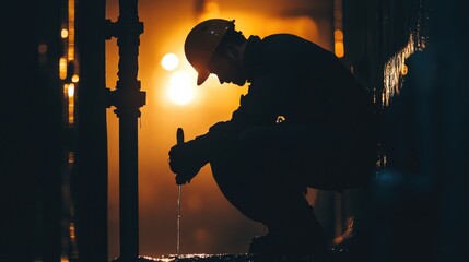 Silhouette of a Construction Worker Drinking Water at Sunset