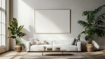 Minimalist living room with an empty canvas on the wall