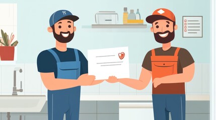 Two Smiling Workers in Blue and Orange Overalls Holding a Letter