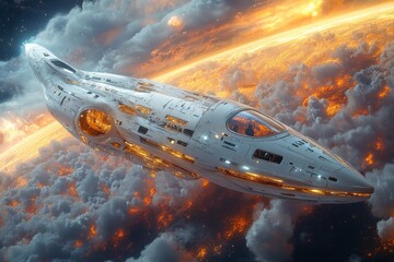 Naklejka premium A luxury space cruise ship traveling through deep space, offering passengers a panoramic view of nebulae and distant stars. Generative AI