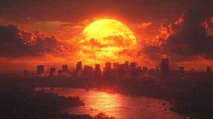 A vibrant sunset over a city skyline reflected in water.