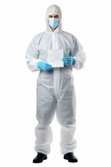 Friendly male forensic expert in protective suit holding evidence document against white background