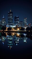 Fototapeta premium Stunning City Skyline at Night with Reflecting Water