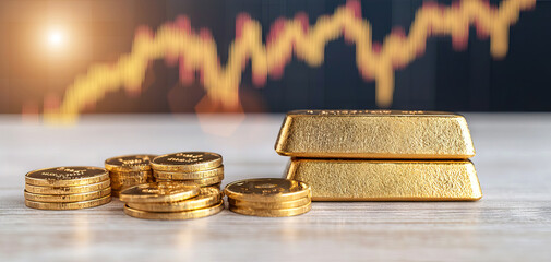 A collection of gold bars and coins on a surface, with a rising graph in the background, symbolizing investment and wealth growth.