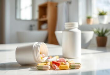 Photorealistic, white tablet bottle with colorful capsules spilling out, clean and bright bathroom setting, natural light enhancing clarity and freshness, inviting composition 