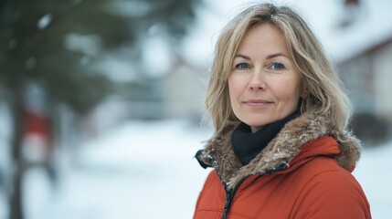 Fototapeta premium Middle-aged Swedish woman with blonde hair and a winter jacket.