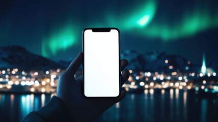 Businessman holding cell phone with Skyscrapers in night,using smartphone with blank screen,A white screen smartphone mockup in a man's hand,social media, mobile application,chatting,copy space.