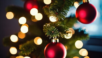 Obraz premium Close up christmas tree decorated with christmas balls