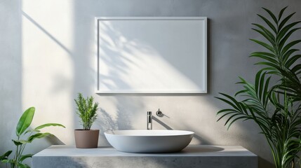 Fototapeta premium Minimalist bathroom with a blank frame above the vanity