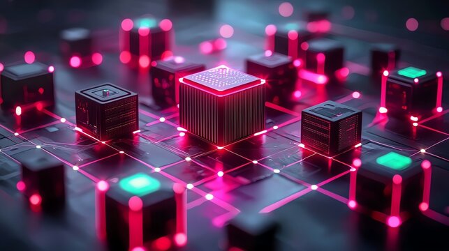 Visual of distributed computing with Kubernetes, stylized data nodes, neon glow effect, futuristic vibe