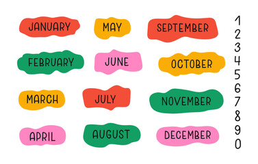 Handwritten colorful names of months on white background. Modern bright cartoon design for calendar, weekly plan, organizer. Vector illustration	