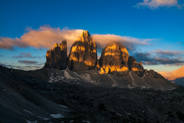 The Three Peaks of Lavaredo or Tre Cime di mountain at sunrise, Dolomites mountains, Italy, Europe