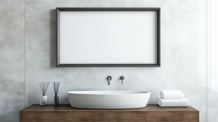 Fototapeta premium Modern bathroom with an empty frame above the sink